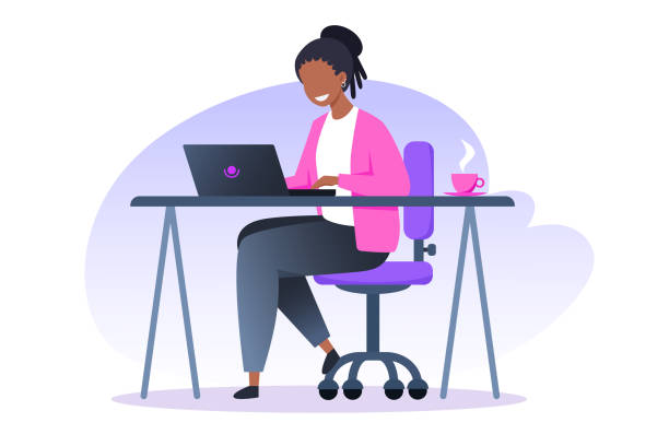 A woman works at a laptop and drinks coffee. Home office, freelance and online training, education. Vector flat illustration. A woman works at a laptop and drinks coffee. Home office, freelance and online training, education. Vector flat illustration. work from home stock illustrations