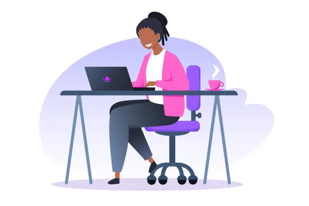 Vector illustration of A woman works at a laptop and drinks coffee. Home office, freelance and online training, education. Vector flat illustration.