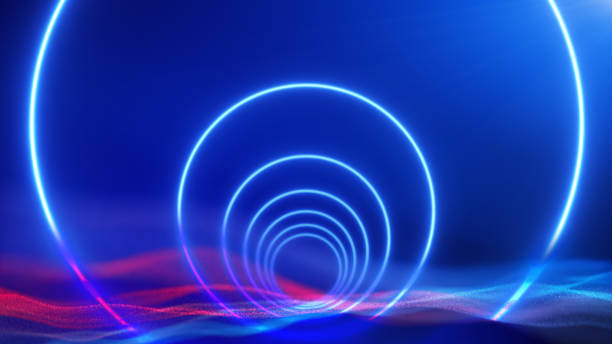 istock Sci Fi Modern Futuristic Circle Neon Circle Shaped  Blue Glow Light in red blue particle background. 1279652611