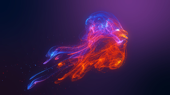 Futuristic jellyfish shape red blue colorful fluid particles wave flowing.