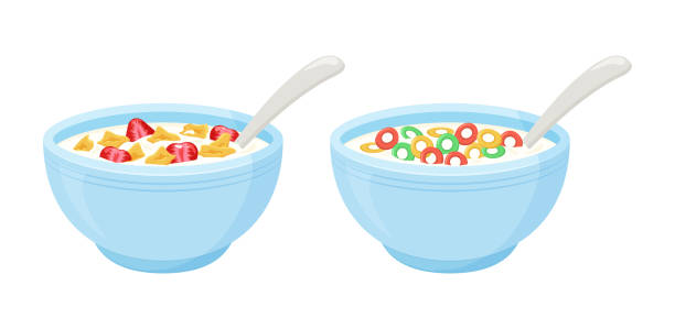 ilustrações, clipart, desenhos animados e ícones de vetor de café da manhã de leite de cereal. tigela de aveia laminada, crocante colorido, flocos doces com morango. - fruta com grão