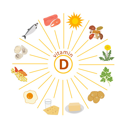 Sources of vitamin D. Sun and food. Pink salmon, herring, oysters, mushrooms, raw egg yolk, dairy products, cheese,  butter, dandelion greens. Vector Infographics. Healthy nutrition. High immunity.