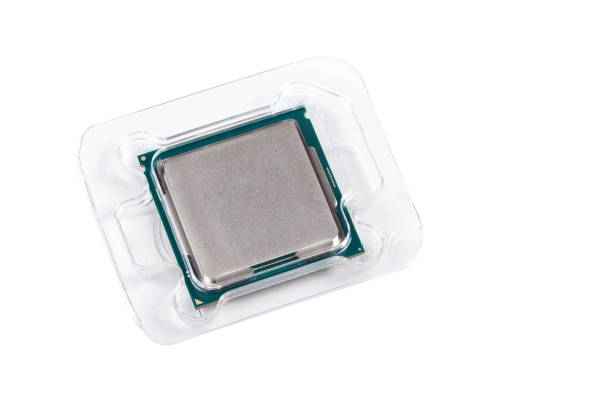 istock Blank factory new modern gaming cpu in plastic box retail packaging top view isolated on white, silver lid Brand new hi end processor technologies, freshly bought computer components, abstract concept 1279657105