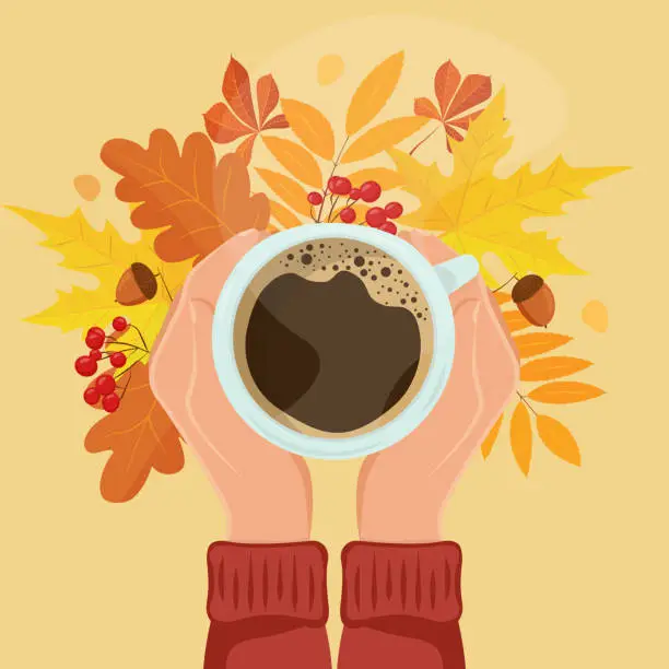 Vector illustration of two female hands holding cup of coffee or tea with milk. Women's hands are warming, gently holding a cup of hot cocoa, with froth. View from above. On a light blue background, with shadow. Flat style.