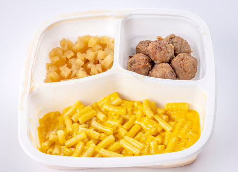 Meatball and macaroni TV dinner in a serving tray