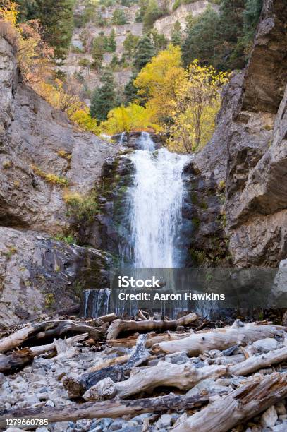 Vibrant Fall Colors Surrounding The Upper Falls Waterfall In Provo Canyon Utah Stock Photo - Download Image Now