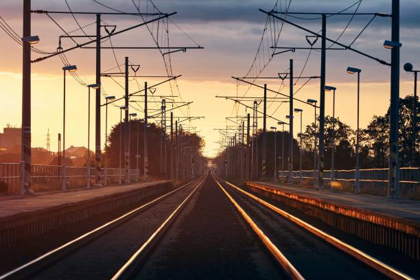 istock Railroad track at beautiful sunrise 1279662104