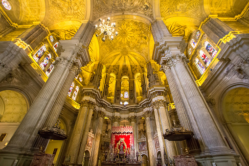 View of the beautiful, illuminated ceiling of the Cathedral in Malaga, Andalucia, Spain