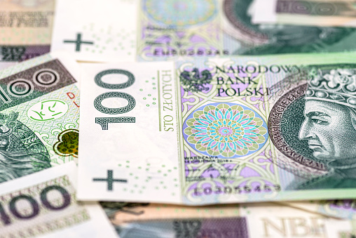 Macro photo of the front side of a Polish 100 PLN banknote, close-up on the inscriptions.