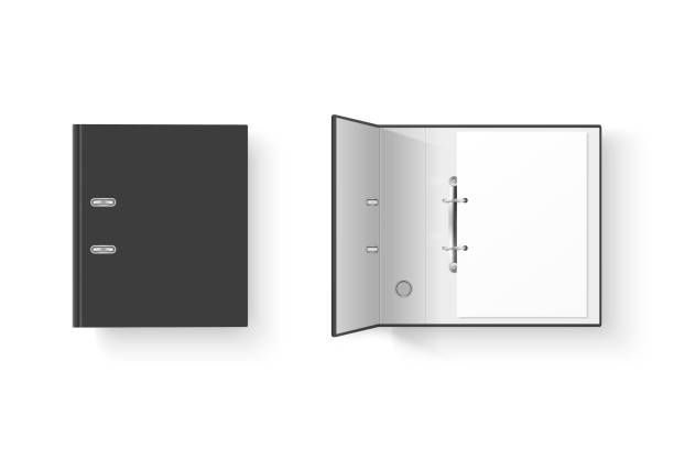 ベクトル3d閉じた、白い背景に隔離された金属リングとa4ペーパーシートクローズアップを備えた現実的な黒の空白のオフィスバインダーセットを開きました。デザイン テンプレート、 モッ� - book black isolated on white note pad点のイラスト素材／クリップアート素材／マンガ素材／アイコン素材