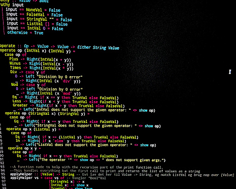 Close up of PC screen showing a code written in Haskell computer language.