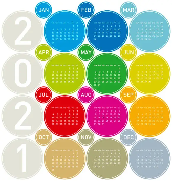 Vector illustration of Colorful Circles Calendar for Year 2021