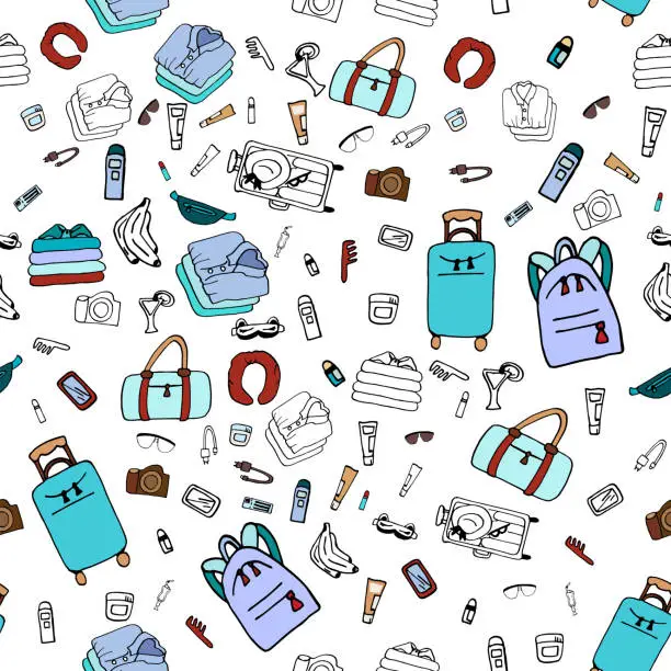 Vector illustration of Seamless pattern of hand-drawn treval elements. Doodle style.Color vector illustration. Alternation of color and graphic elements. Tourism and summer sketch with travelling elements: suitcase, travel pillow, bag, backpack.