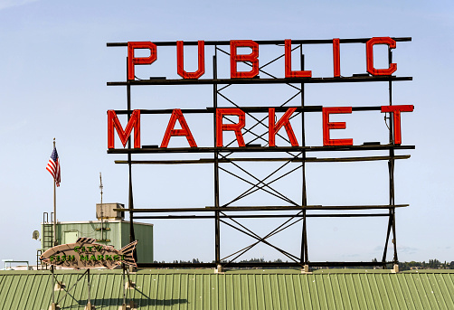 Seattle, Washington State, USA 0 June 2018: Large sign on the roof of the Pike Place Market building in Seattle city centre.