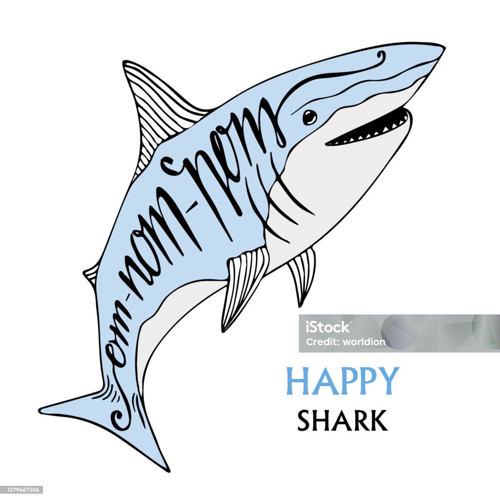 Poster Kiểu Chữ Với Cá Mập Dễ Thương Vẽ Tay Vector Minh Họa Om Nom ...
