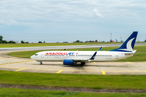 Trabzon, Turkey - August 08, 2019, Turkish Anadolujet Airlines Boeing 737-800 Aircraft is ready to take off at Trabzon Airport.