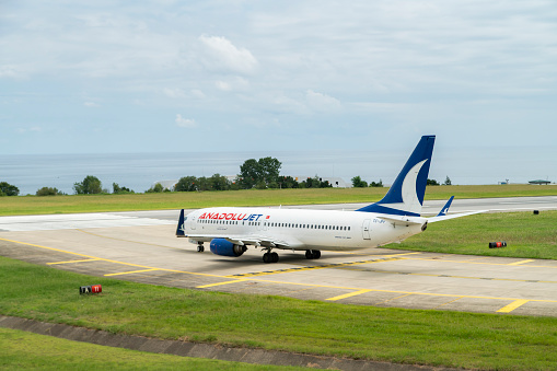 Trabzon, Turkey - August 08, 2019, Turkish Anadolujet Airlines Boeing 737-800 Aircraft is ready to take off at Trabzon Airport.
