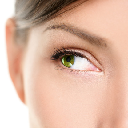 Close up of a green woman eye isolated on a white background
