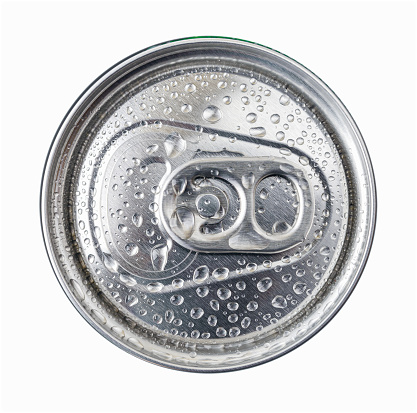 Water drops on a cold beer or soda can top isolated on white background. Drinking on the go beverages in aluminum cans with pull tabs. Top view.