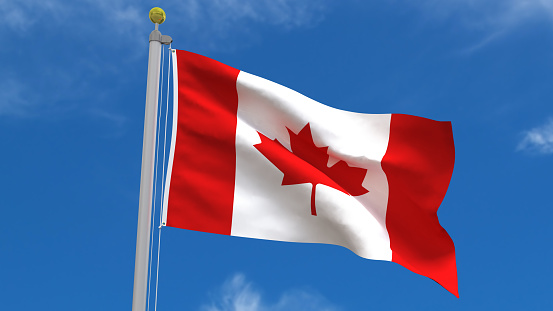 Canada Flag Waving, fluttering against the background of the blue sky with silver pole