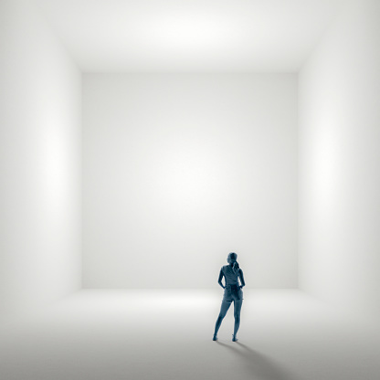 Abstract woman standing in big bright room, 3D generated image.