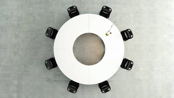 オフィスチェアとコンクリートフロアコンセプト3dレンダリングを備えたモダンな円形会議テーブルトップビュー - work group ストックフォトと画像