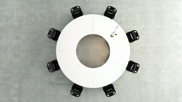 istock modern circular meeting table top view with office chairs and concrete floor concept 3D rendering 1279671406