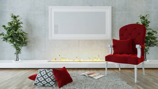 Red single seat and modern fireplace design concept in room interior design background 3D rendering