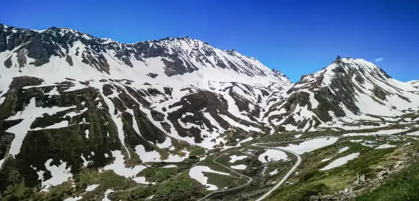 Ultra wide panorama from the Nufenenpass with snowy mountains