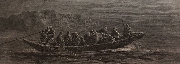 ilustrações, clipart, desenhos animados e ícones de ilustração antiga - grande barco-poste com um grupo de homens e cavalos nele cruzando um rio - antique engraved image moonlight night