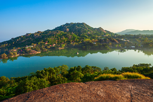 Mount Abu and Nakki lake aerial panoramic view. Mount Abu is a hill station in Rajasthan state, India.