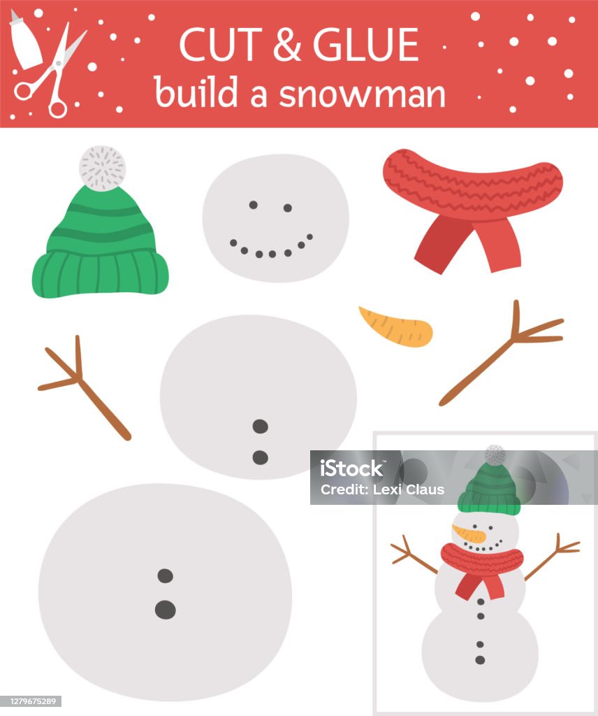 Wektor Boże Narodzenie cięcia i aktywności kleju. Zimowa edukacyjna gra rzemieślnicza z uroczym bałwankiem. Zabawa dla dzieci. Zbuduj arkusz bałwana dla dzieci. - Grafika wektorowa royalty-free (Bałwan śniegowy) Wektor Boże Narodzenie cięcia i aktywności kleju. Zimowa edukacyjna gra rzemieślnicza z uroczym bałwankiem. Zabawa dla dzieci. Zbuduj arkusz bałwana dla dzieci. - Grafika wektorowa royalty-free (Bałwan śniegowy)