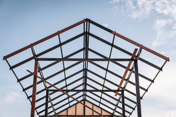 istock Roof construction with scaffold, renovation, construction property or home concepts. 1279679318