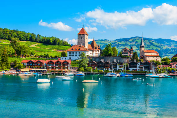 castillo schloss spiez en suiza - lake thun swiss culture berne castle fotografías e imágenes de stock