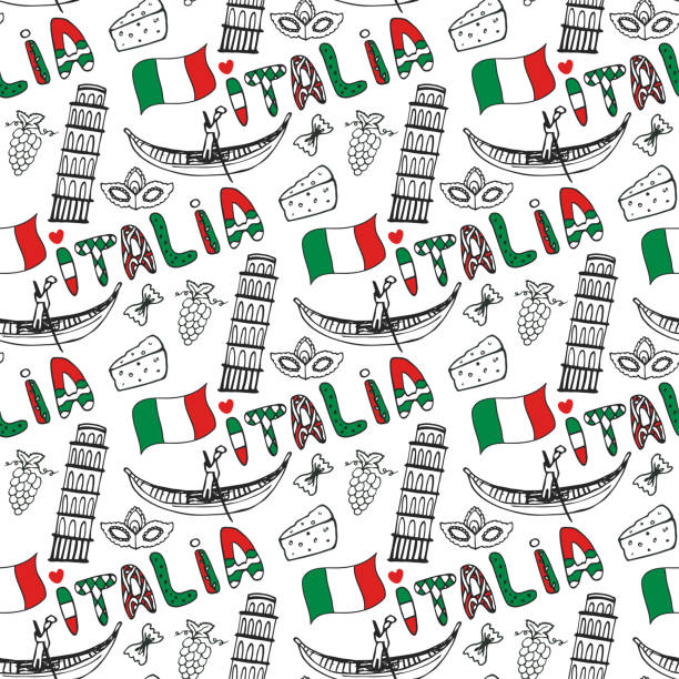 Italy hand drawn seamless pattern with flag. Vector travel background. Italia lettering Italy seamless pattern with flag. Vector doodle travel background. Handwriting Italia lettering in italian language - Italy italie stock illustrations
