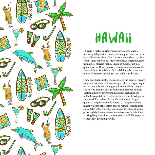 ilustrações, clipart, desenhos animados e ícones de surfe desenhado à mão e decoração de mergulho. feriado no havaí. histórico de vetores de turismo. banner ou pôster - surf turf
