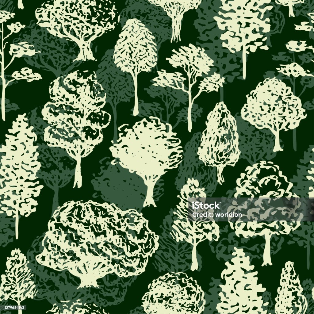 Trees Vector Pattern Sketch Seamless Tree Pattern On Dark Background ...