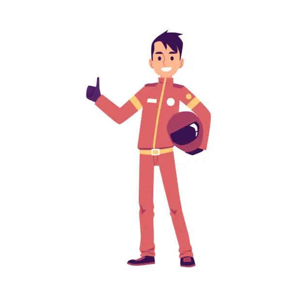 Vector illustration of Car pilot or race driver rising thumb up, flat vector illustration isolated.