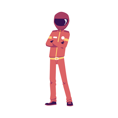 Cartoon standing character racer in a helmet and red uniform. Carting, racing, sports competitions or entertainment. Flat isolated vector illustration