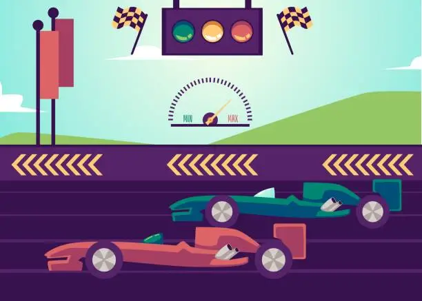 Vector illustration of Racing car track with vehicle and signaling equipment flat vector illustration.
