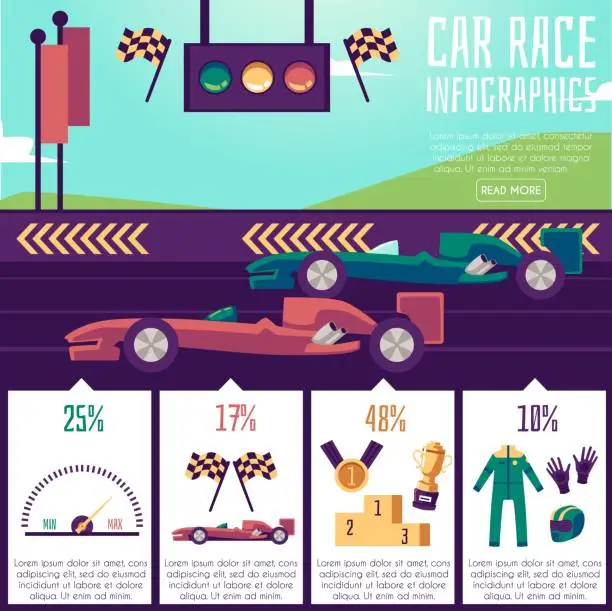 Vector illustration of Banner with infographics of car races a vector flat illustration