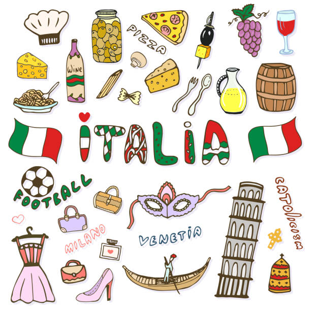 Doodle hand sketch collection of Italy icons. Italy culture elements for design. Vector color sketches travel set. Handwriting Italia lettering in italian language - Italy Doodle hand sketch collection of Italy icons. Italy culture elements for design. Vector color sketches travel set. Handwriting Italia lettering in italian language - Italy. italie stock illustrations
