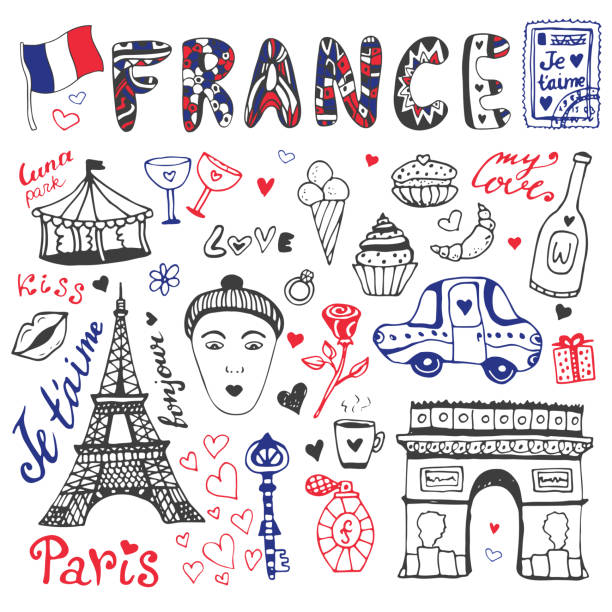 Hand drawn doodles set of France - Eiffel tower, Triumphal arch and other culture elements. Vector collection Hand drawn doodles set of France - Eiffel tower, Triumphal arch and other culture elements. Vector collection. french food stock illustrations