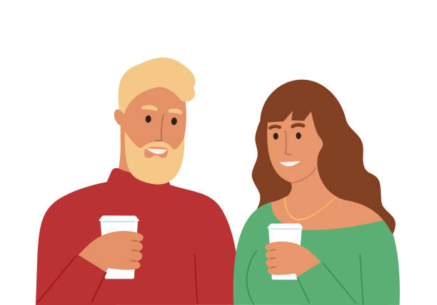 ilustrações de stock, clip art, desenhos animados e ícones de young smiling couple drinking coffee and talking. man and woman holding coffee cups. - coffee time restaurant