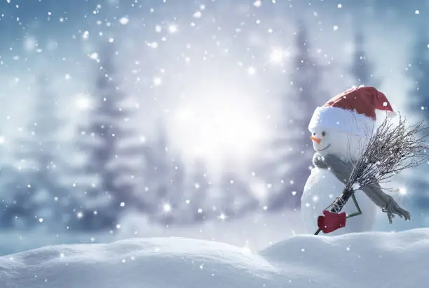 Photo of Merry christmas and happy new year greeting card with copy-space.Happy snowman standing in christmas landscape.Snow background.Winter fairytale.