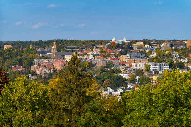 Cornell University, a private and statutory Ivy League research university in Ithaca, New York, photographed on a clear afternoon from a distance. stock photo