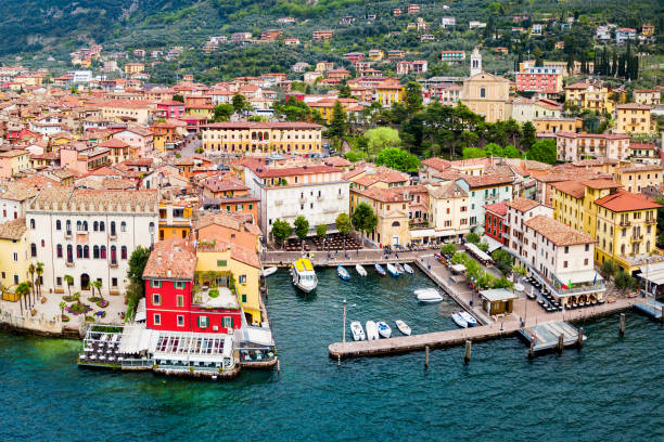 istock Malcesine aerial panoramic view, Italy 1279689613