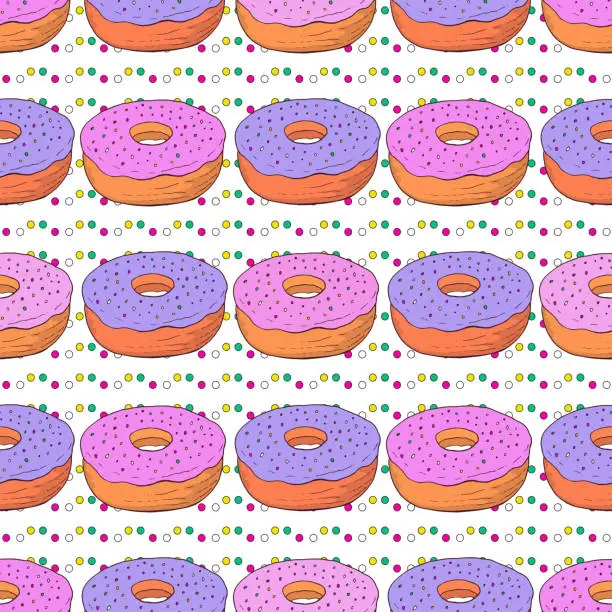 Vector illustration of Vector donuts seamless pattern. Doodle birthday background with pink sweet donuts