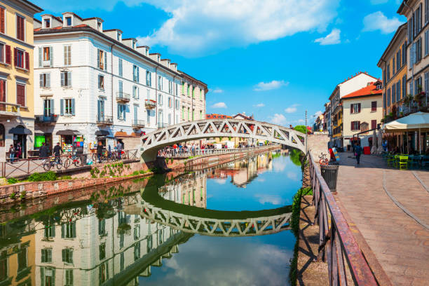 Naviglio Grande canal in Milan The Naviglio Grande canal in Milan city in Lombardy region of northern Italy lombardy photos stock pictures, royalty-free photos & images