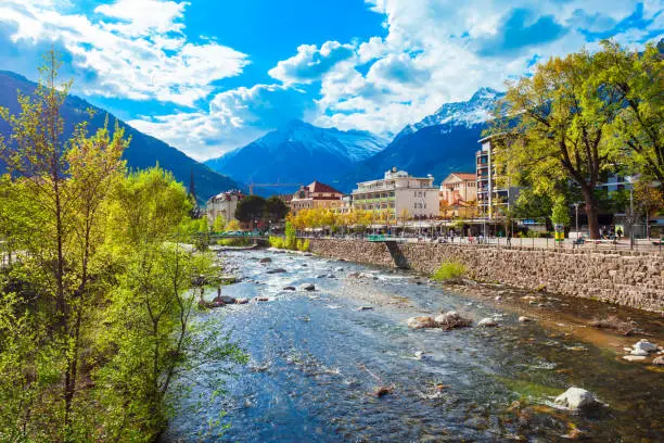 River in Merano city centre view. Merano or Meran is a town in South Tyrol province in northern Italy.